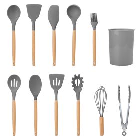 11Pcs Silicone Cooking Utensil Set Heat Resist Wooden Handle Silicone Spatula Turner Ladle Spaghetti Server Tongs Spoon Egg Whish Kitchenware Set w/ H (Option: UtensilSet Grey)
