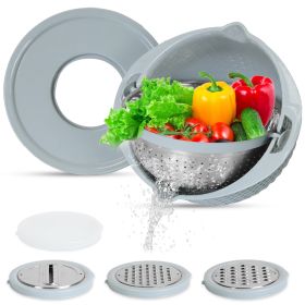 Multifunctional Mixing Bowl with Lid Set 3 Replaceable Graters Food Strainer and Colander Fruit Vegetable Washing Basket Stainless Steel (Option: Colander Blue)